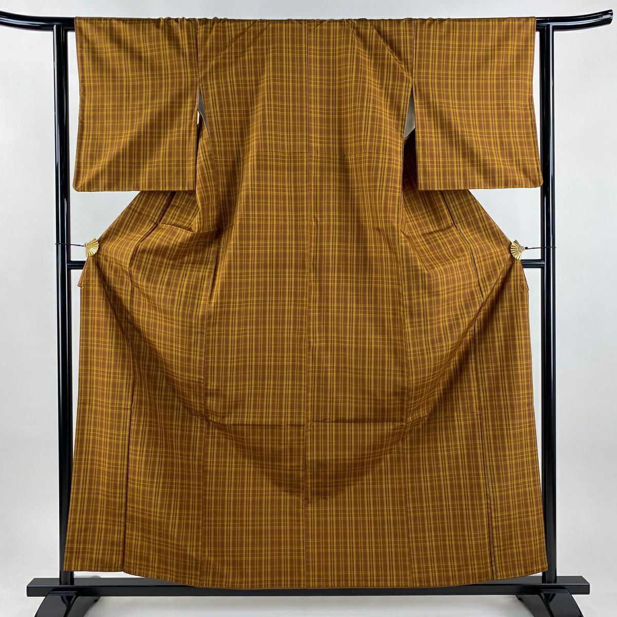 【美品】 紬織 身長159cm 袖長62cm S 雙層 出羽八丈 證書齊全 格子紋 茶 純蠶絲 名品級