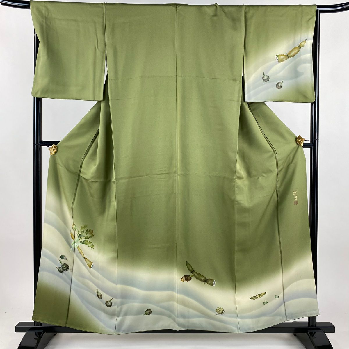 付下 身長158cm 袖長67cm M 雙層 祥園 落款あり 蓮根 野菜 漸層 綠 純蠶絲 名品級