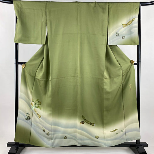 付下 身長158cm 袖長67cm M 雙層 祥園 落款あり 蓮根 野菜 漸層 綠 純蠶絲 名品級