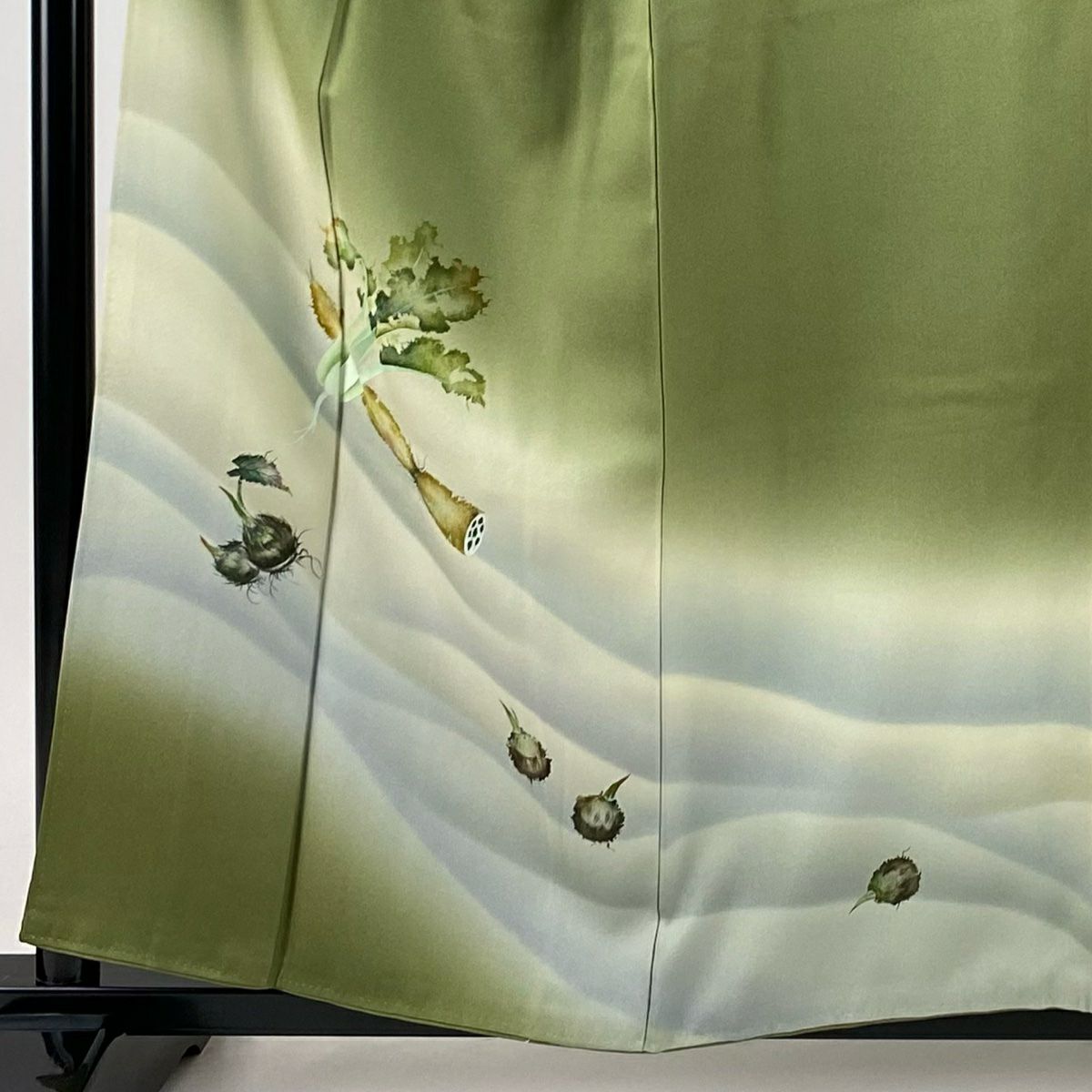 付下 身長158cm 袖長67cm M 雙層 祥園 落款あり 蓮根 野菜 漸層 綠 純蠶絲 名品級