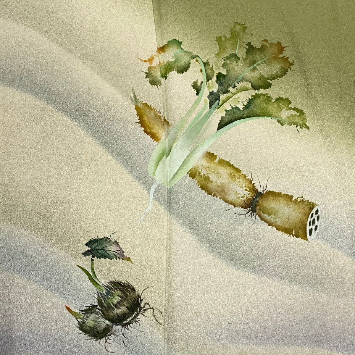 付下 身長158cm 袖長67cm M 雙層 祥園 落款あり 蓮根 野菜 漸層 綠 純蠶絲 名品級