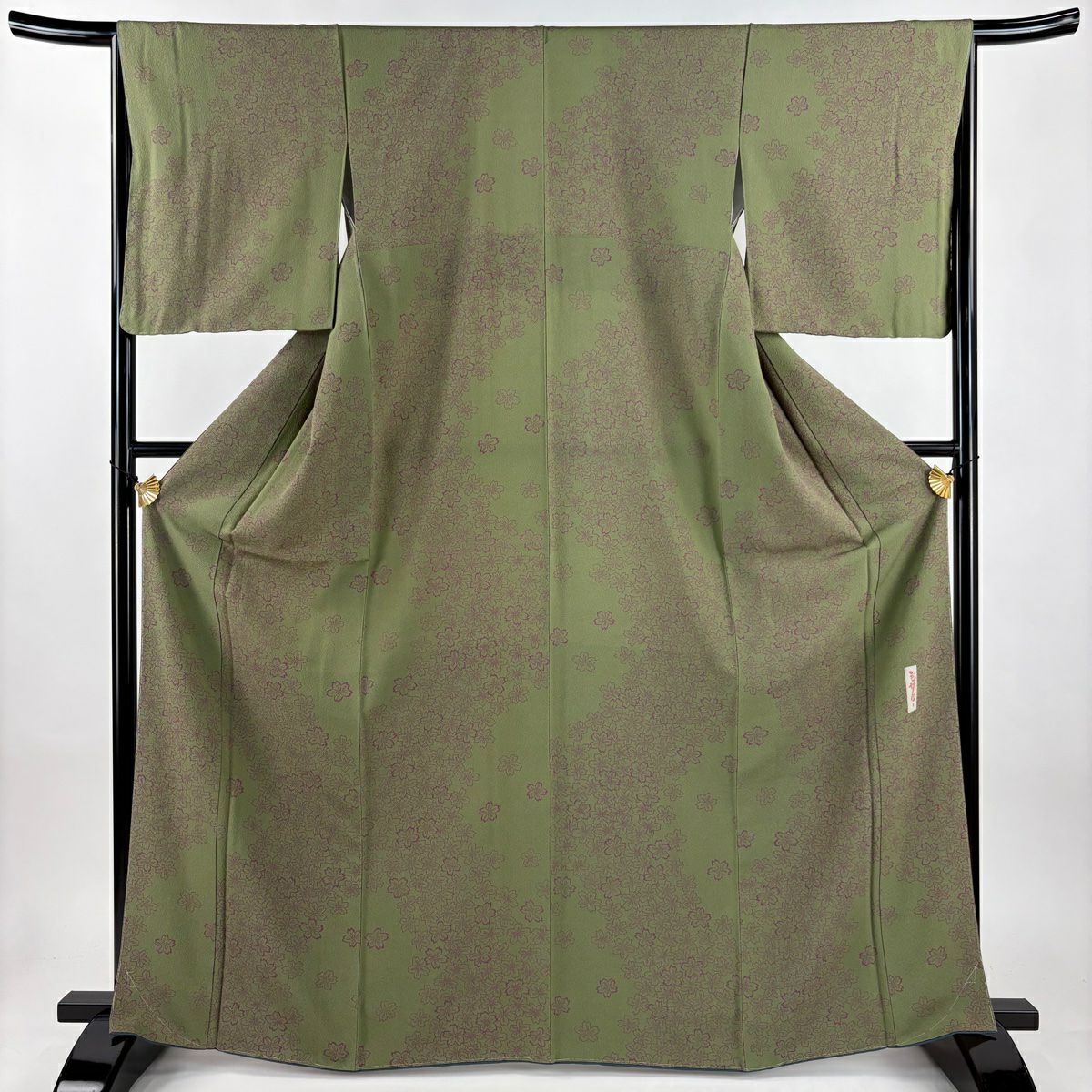 【美品】 小紋 身長166.5cm 袖長65cm M 雙層 辻村ジュサブロー 落款あり 櫻花 絞織 蓬色 純蠶絲 名品級