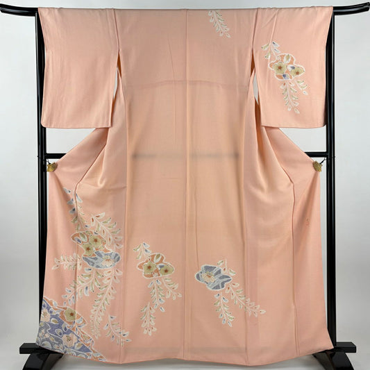 【美品】 付下 身長163cm 袖長64.5cm M 雙層 落款 草花紋紋 絞染 漸層 鮭粉色 純蠶絲 名品級