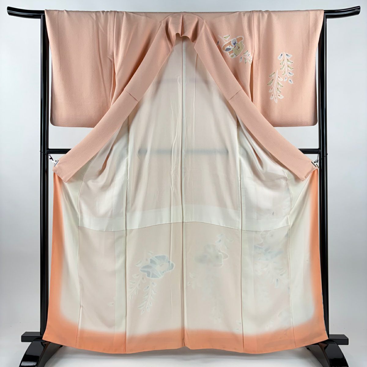 【美品】 付下 身長163cm 袖長64.5cm M 雙層 落款 草花紋紋 絞染 漸層 鮭粉色 純蠶絲 名品級