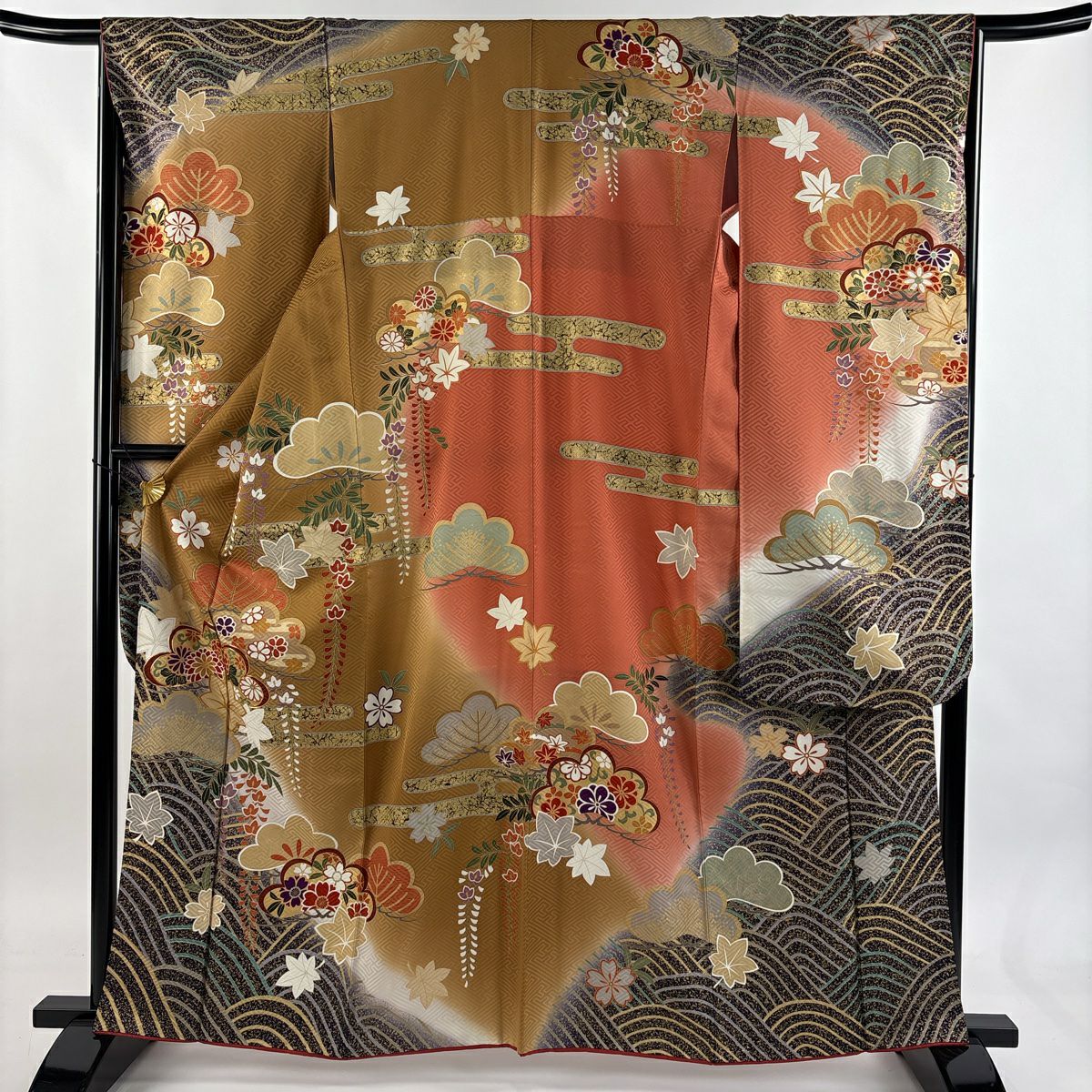 振袖禮服 身長162.5cm 袖長66cm M 雙層 笠松樹 ヱ霞 金絲 金銀彩 山吹茶 純蠶絲 名品級