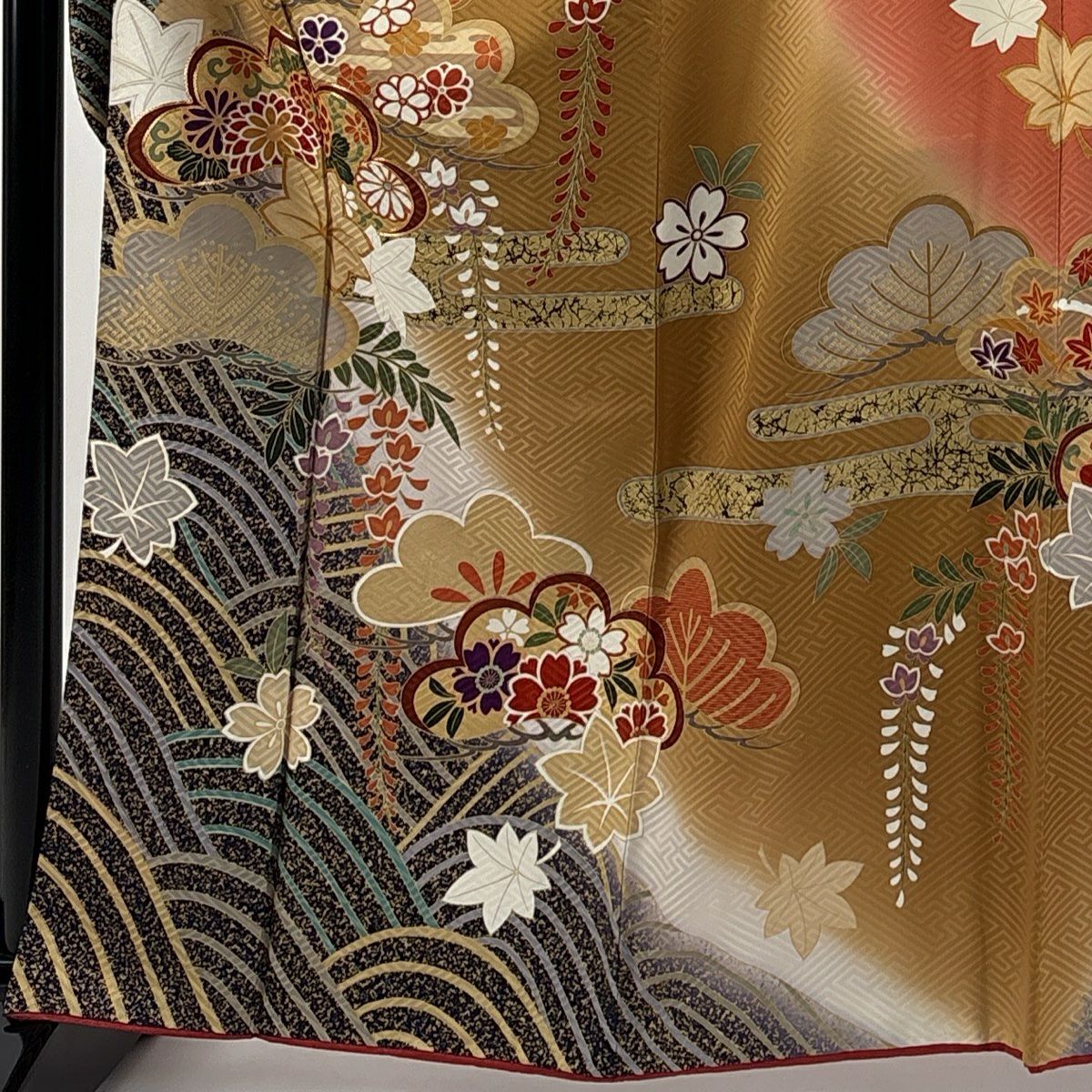 振袖禮服 身長162.5cm 袖長66cm M 雙層 笠松樹 ヱ霞 金絲 金銀彩 山吹茶 純蠶絲 名品級