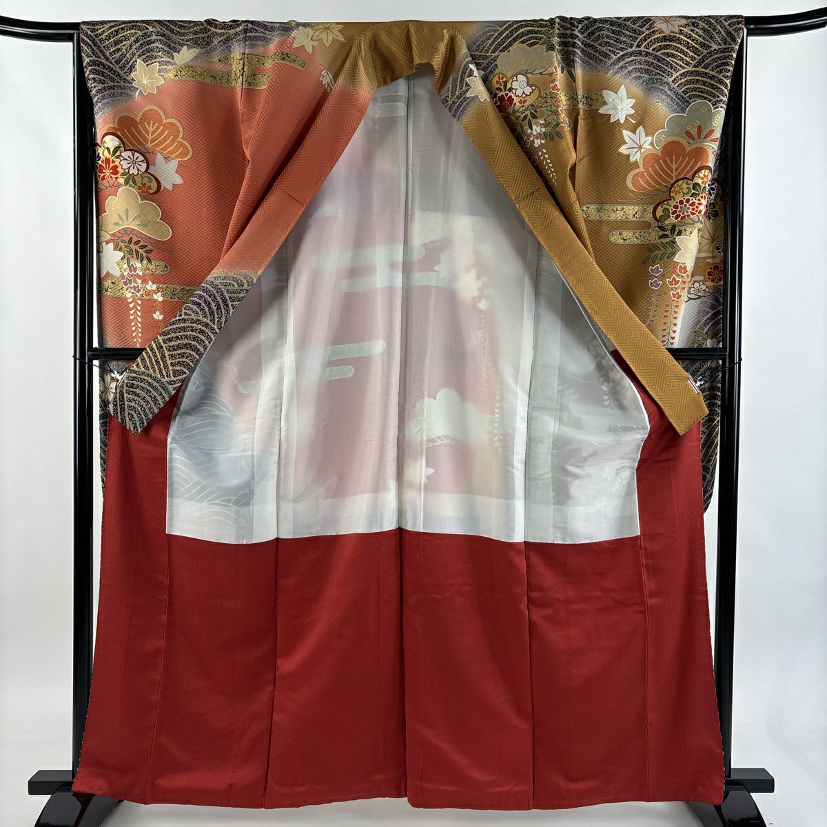 振袖禮服 身長162.5cm 袖長66cm M 雙層 笠松樹 ヱ霞 金絲 金銀彩 山吹茶 純蠶絲 名品級