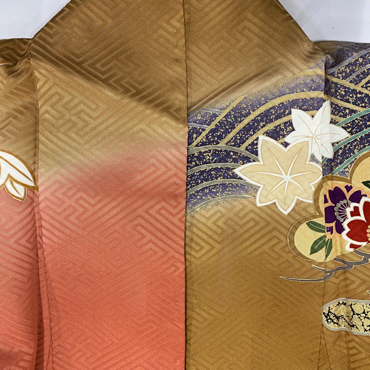 振袖禮服 身長162.5cm 袖長66cm M 雙層 笠松樹 ヱ霞 金絲 金銀彩 山吹茶 純蠶絲 名品級