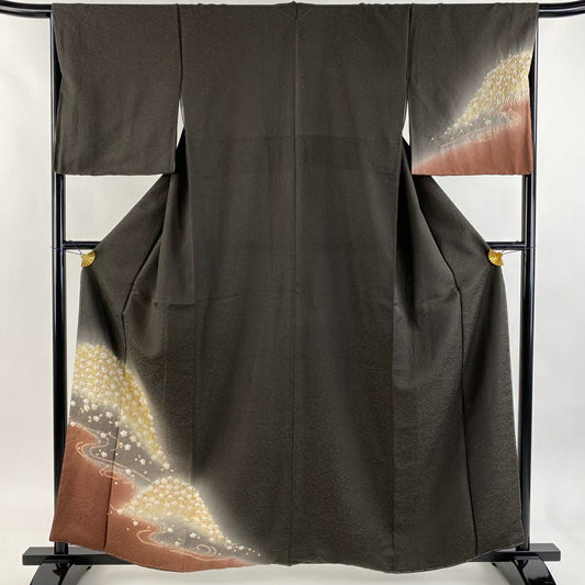 付下 身長159.5cm 袖長67cm M 雙層 櫻花 流水 金通 金銀彩 焦茶 純蠶絲 名品級