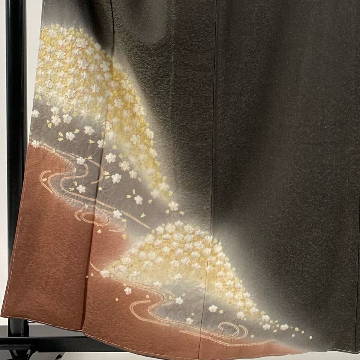 付下 身長159.5cm 袖長67cm M 雙層 櫻花 流水 金通 金銀彩 焦茶 純蠶絲 名品級