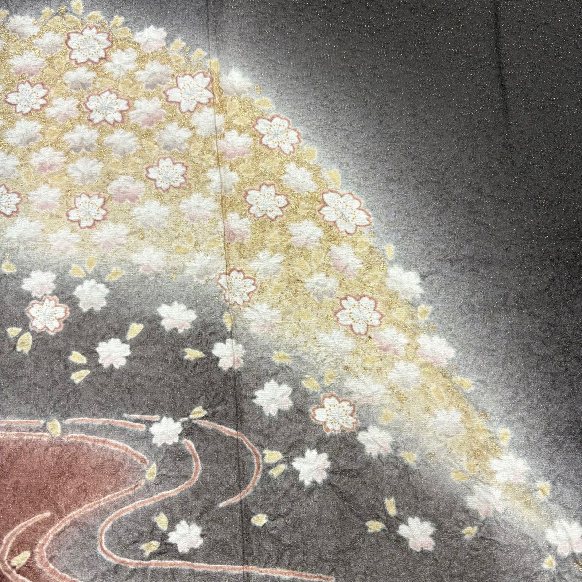 付下 身長159.5cm 袖長67cm M 雙層 櫻花 流水 金通 金銀彩 焦茶 純蠶絲 名品級