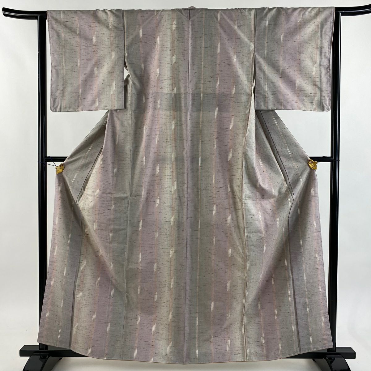 【美品】 紬織 身長161.5cm 袖長64cm M 雙層 條紋 幾何圖案 淺紫 純蠶絲 名品級
