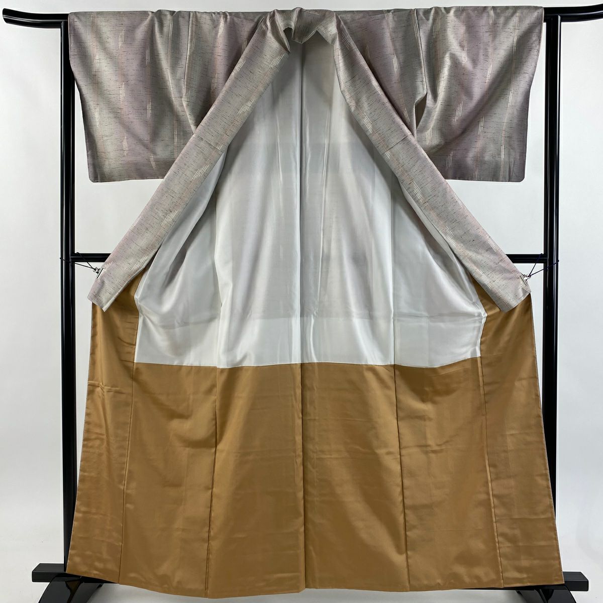 【美品】 紬織 身長161.5cm 袖長64cm M 雙層 條紋 幾何圖案 淺紫 純蠶絲 名品級