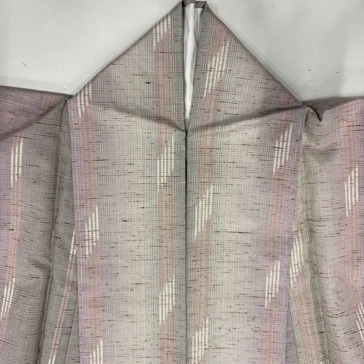 【美品】 紬織 身長161.5cm 袖長64cm M 雙層 條紋 幾何圖案 淺紫 純蠶絲 名品級