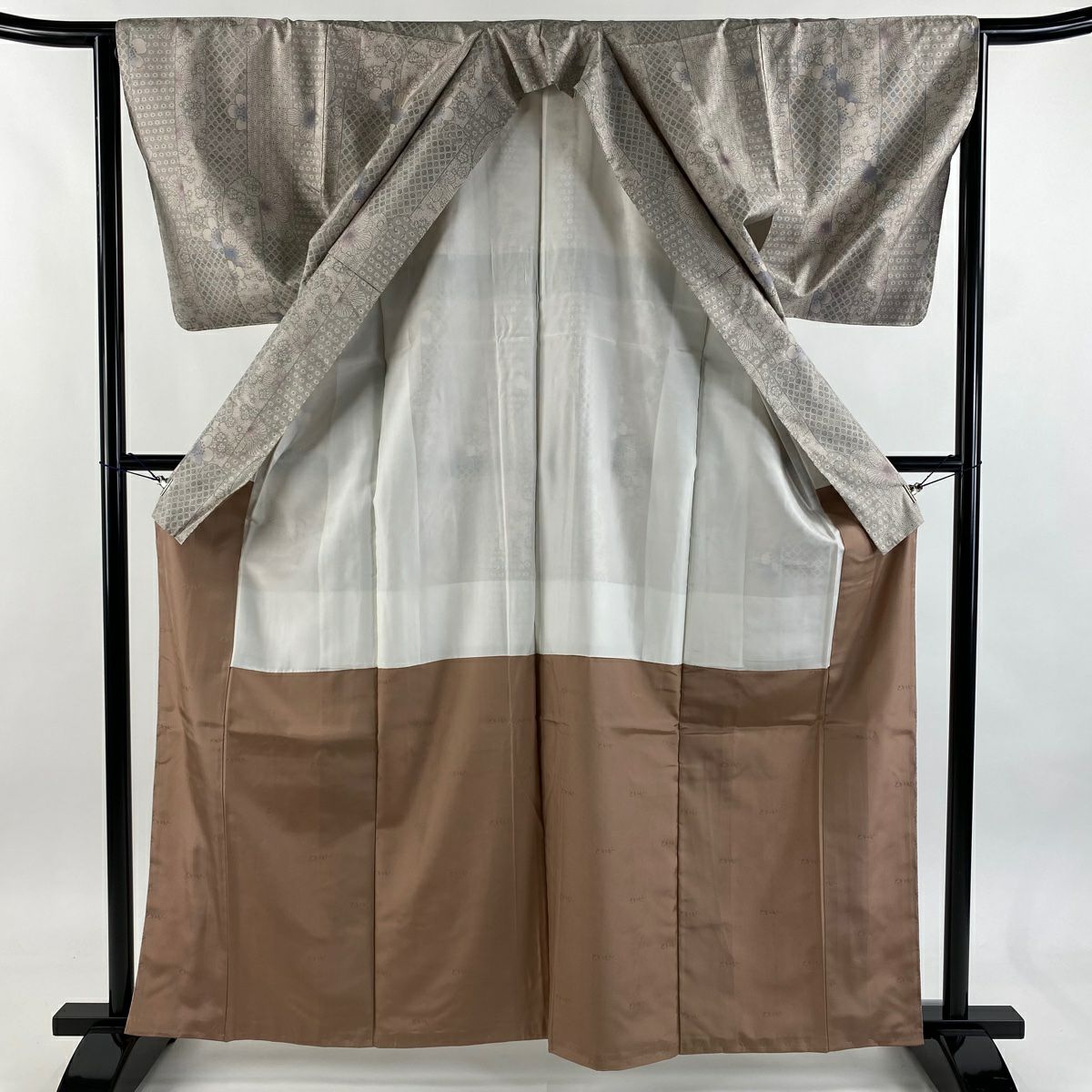 【美品】 紬織織 身長163cm 袖長63.5cm S 雙層 櫻花唐草紋 灰櫻 純蠶絲 名品級
