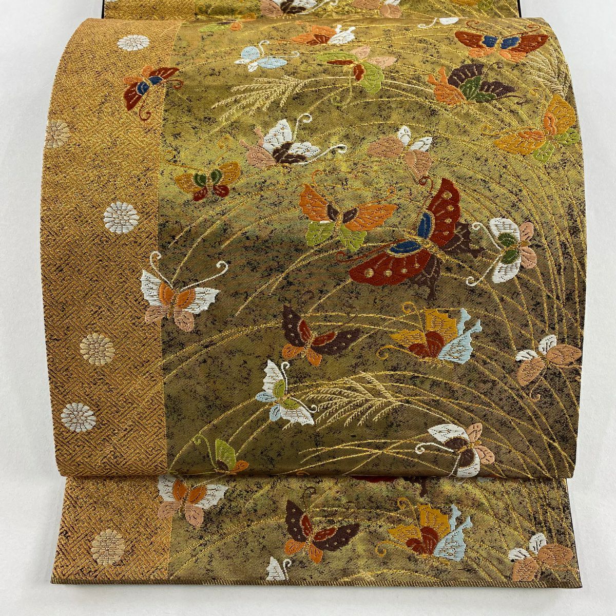 【美品】 袋帶 名品級 河合美術織物 落款あり 關西仕立 豐明錦 蝶 花 刺繡 金絲 金 六通 純蠶絲