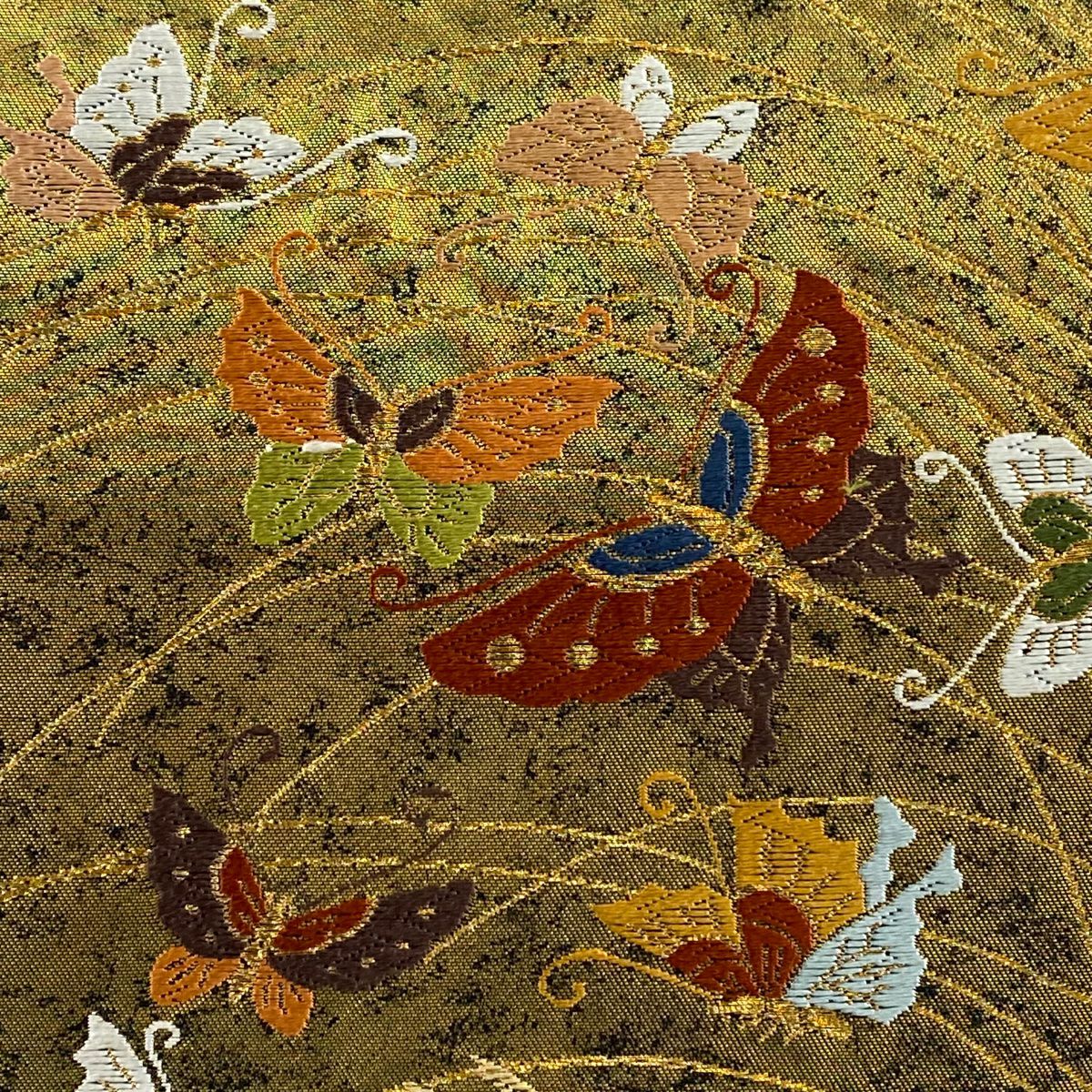 【美品】 袋帶 名品級 河合美術織物 落款あり 關西仕立 豐明錦 蝶 花 刺繡 金絲 金 六通 純蠶絲