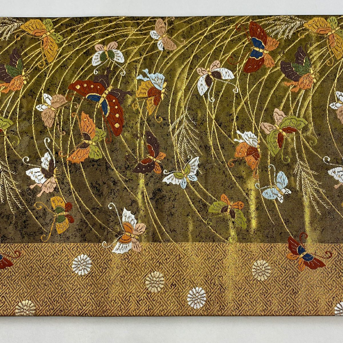 【美品】 袋帶 名品級 河合美術織物 落款あり 關西仕立 豐明錦 蝶 花 刺繡 金絲 金 六通 純蠶絲