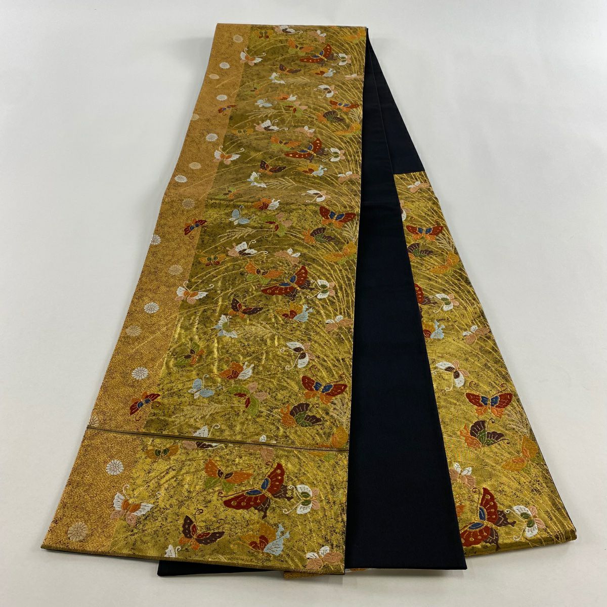 【美品】 袋帶 名品級 河合美術織物 落款あり 關西仕立 豐明錦 蝶 花 刺繡 金絲 金 六通 純蠶絲