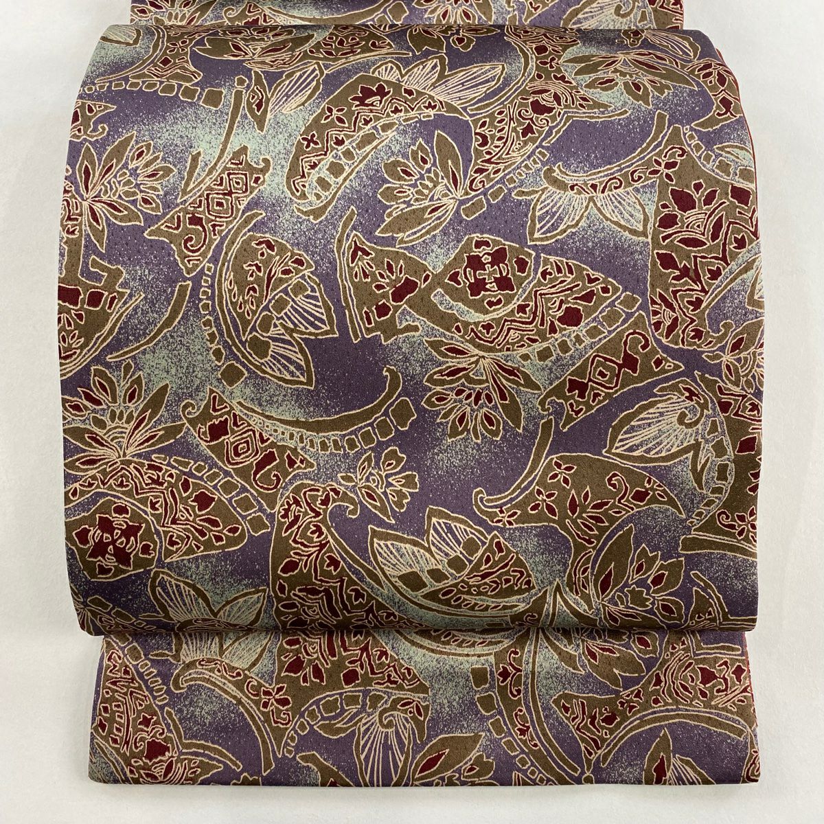 【美品】 袋帶 名品級 草花紋 紫 全通 純蠶絲