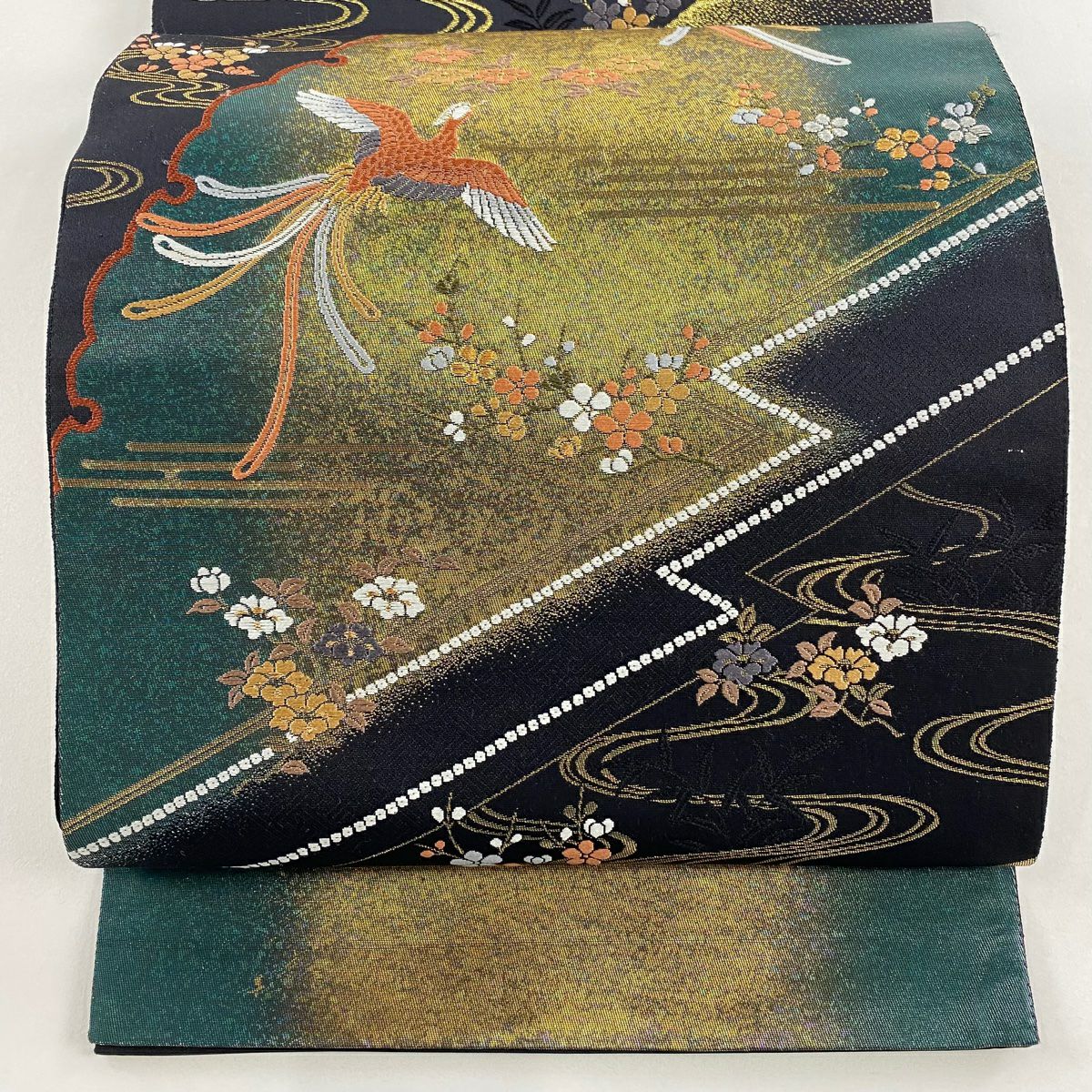 袋帶 名品級 花鳥 雪輪 金銀糸 刺繡 黑 六通 純蠶絲