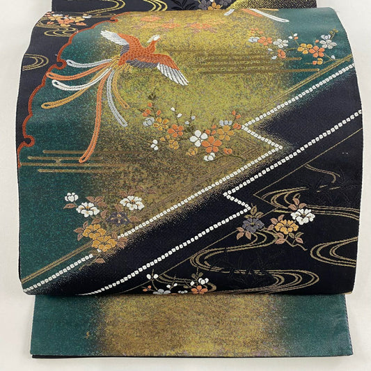 袋帶 名品級 花鳥 雪輪 金銀糸 刺繡 黑 六通 純蠶絲