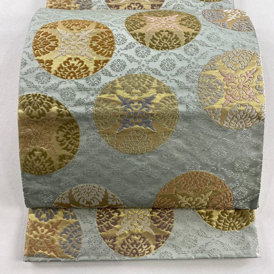 袋帶 名品級 圓文 草花紋刺繡 金金箔 灰綠 六通 純蠶絲
