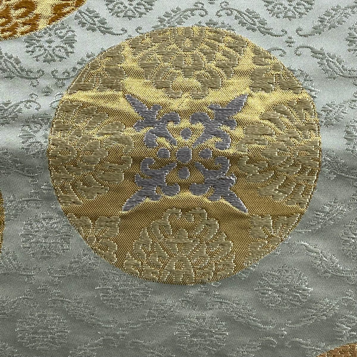 袋帶 名品級 圓文 草花紋刺繡 金金箔 灰綠 六通 純蠶絲