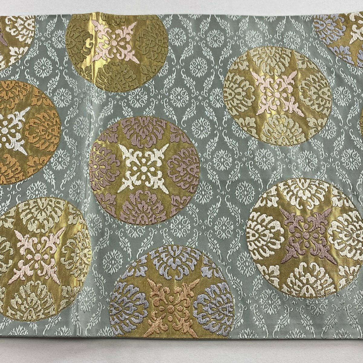 袋帶 名品級 圓文 草花紋刺繡 金金箔 灰綠 六通 純蠶絲