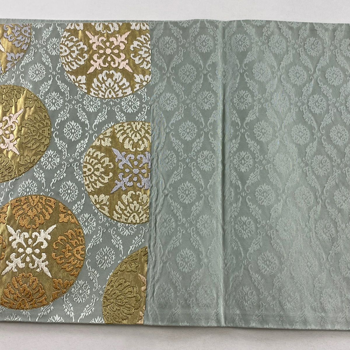 袋帶 名品級 圓文 草花紋刺繡 金金箔 灰綠 六通 純蠶絲