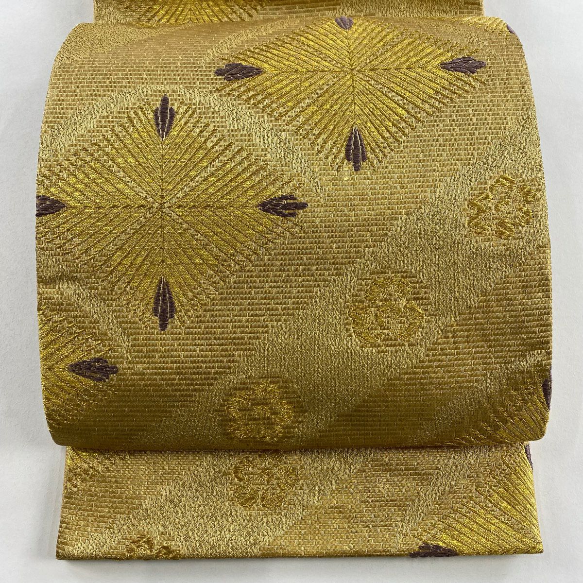 【美品】 袋帶 名品級 若松樹菱 花 金絲 金金箔 金色 六通 純蠶絲