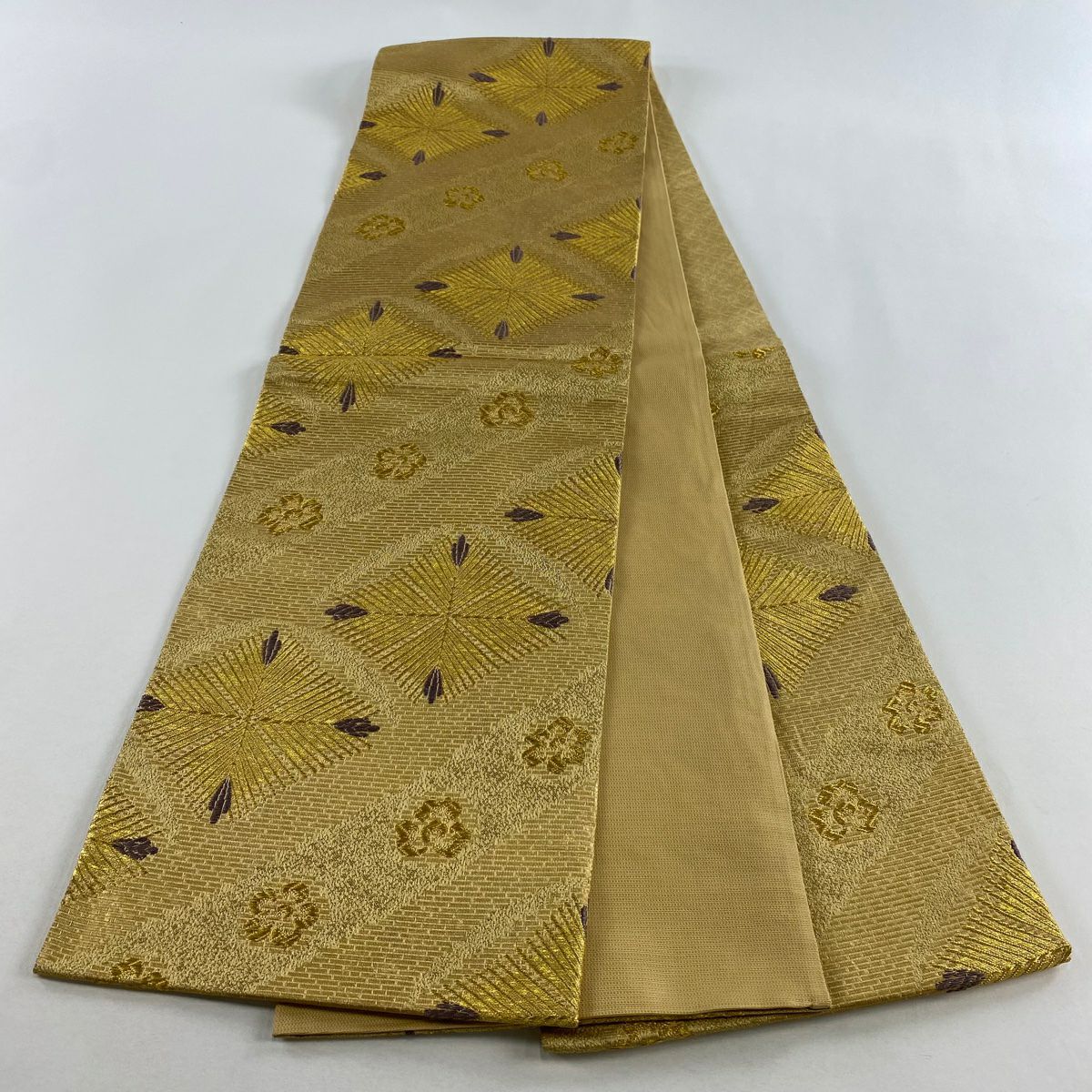 【美品】 袋帶 名品級 若松樹菱 花 金絲 金金箔 金色 六通 純蠶絲