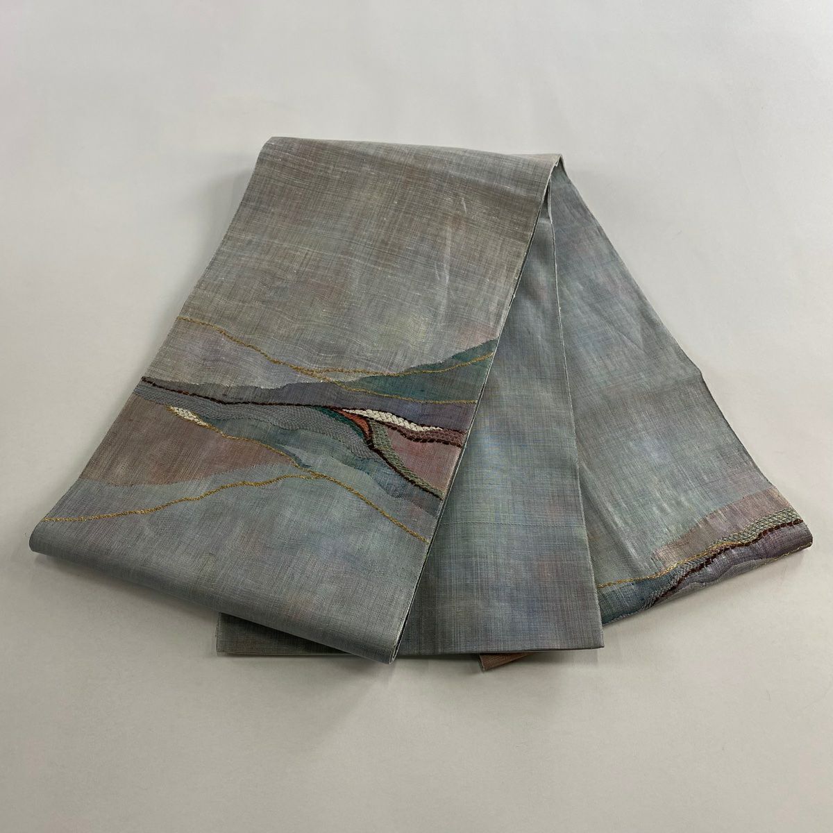 【美品】 袋帶 秀品級 幾何學 波 金絲 金金箔 青灰 純蠶絲