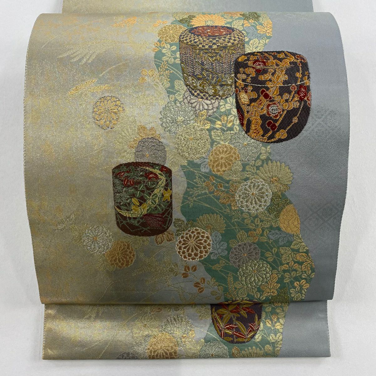 【美品】 袋帶 秀品級 鈴乃屋 秋草 茶筒 金銀糸 金金箔 灰色 大鼓圖案 純蠶絲