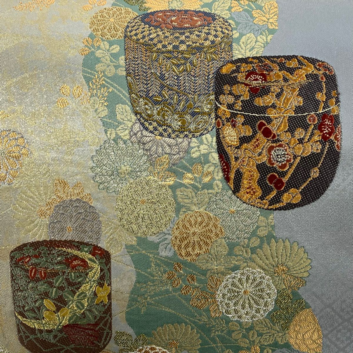 【美品】 袋帶 秀品級 鈴乃屋 秋草 茶筒 金銀糸 金金箔 灰色 大鼓圖案 純蠶絲