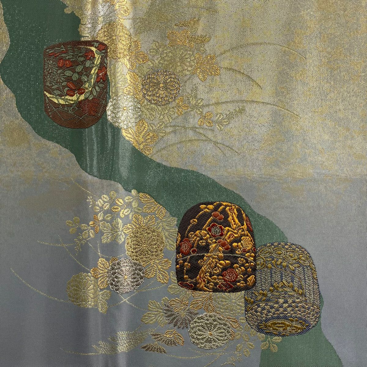 【美品】 袋帶 秀品級 鈴乃屋 秋草 茶筒 金銀糸 金金箔 灰色 大鼓圖案 純蠶絲