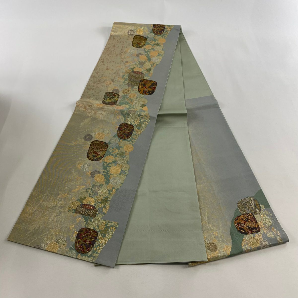 【美品】 袋帶 秀品級 鈴乃屋 秋草 茶筒 金銀糸 金金箔 灰色 大鼓圖案 純蠶絲