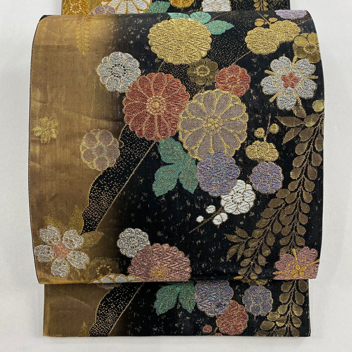 【美品】 袋帶 秀品級 振袖禮服禮服用 櫻花 菊花花 金銀彩 金金箔 黑色 六通 純蠶絲
