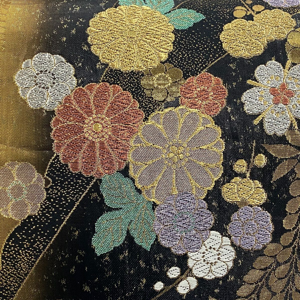 【美品】 袋帶 秀品級 振袖禮服禮服用 櫻花 菊花花 金銀彩 金金箔 黑色 六通 純蠶絲