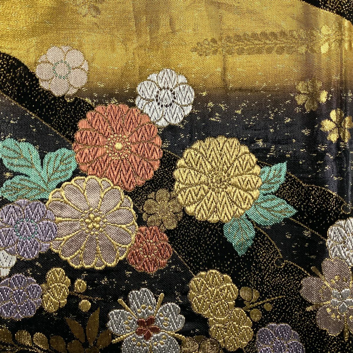 【美品】 袋帶 秀品級 振袖禮服禮服用 櫻花 菊花花 金銀彩 金金箔 黑色 六通 純蠶絲