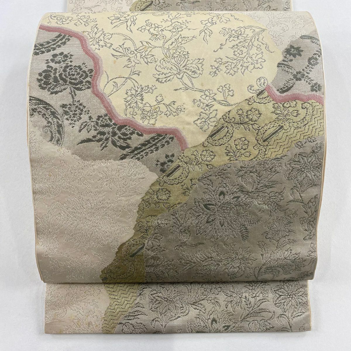 袋帶 秀品級 川島織物 落款 草花紋 道長 銀糸 金金箔 粉米色 六通 純蠶絲