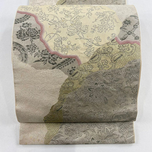 袋帶 秀品級 川島織物 落款 草花紋 道長 銀糸 金金箔 粉米色 六通 純蠶絲