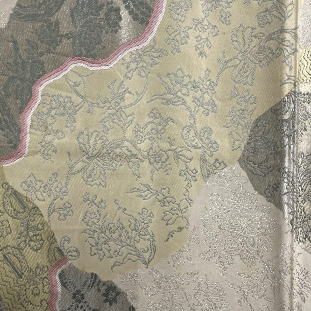 袋帶 秀品級 川島織物 落款 草花紋 道長 銀糸 金金箔 粉米色 六通 純蠶絲