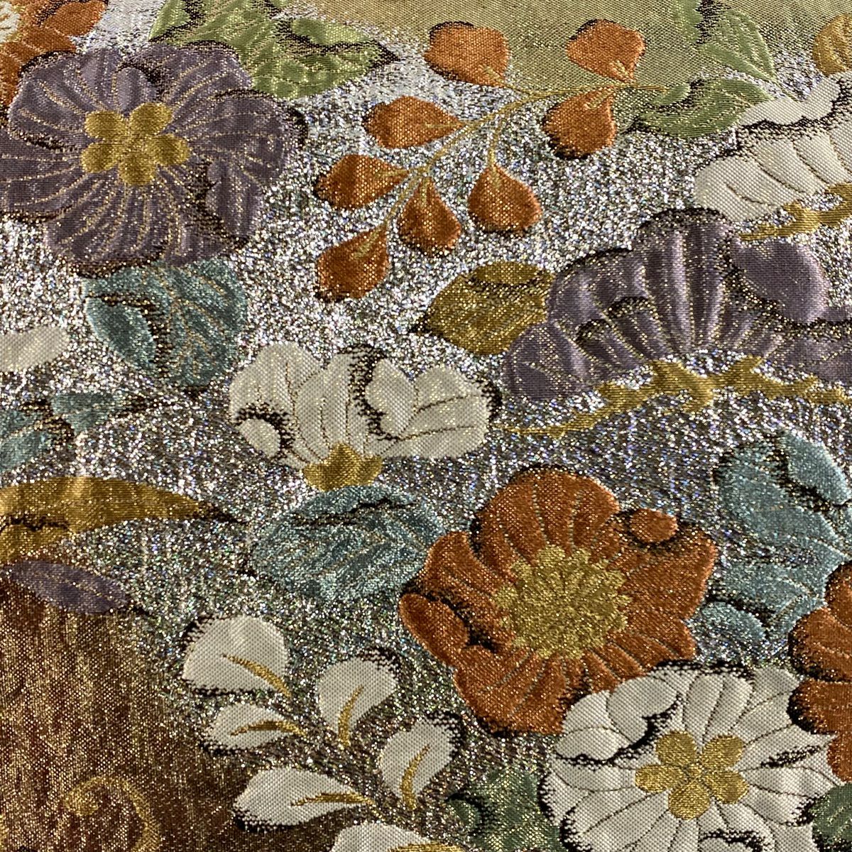 【美品】 袋帶 秀品級 草花紋紋 蝶 金絲 金金箔 金色 六通 純蠶絲