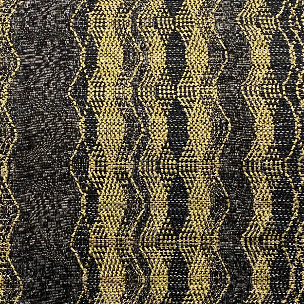 【美品】 袋帶 秀品級 幾何學 縞 金絲 黑色 大鼓圖案 純蠶絲