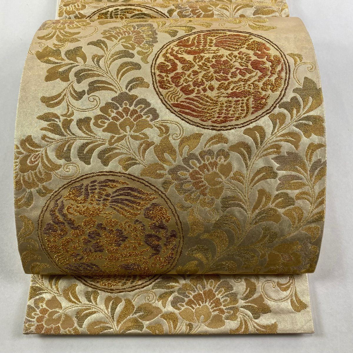 【美品】 袋帶 秀品級 瑞華鳳凰圓紋 金絲 金金箔 金色 六通 純蠶絲
