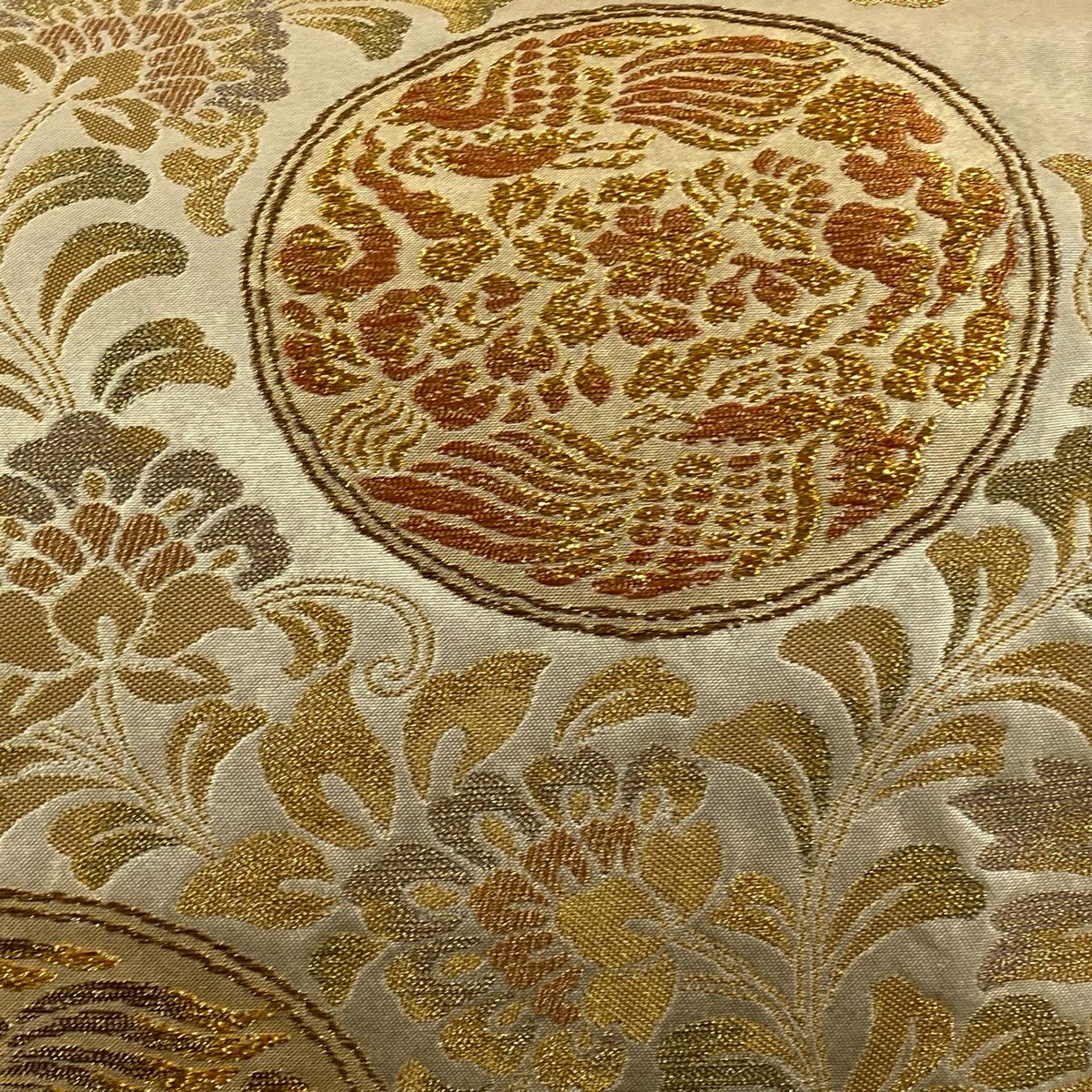 【美品】 袋帶 秀品級 瑞華鳳凰圓紋 金絲 金金箔 金色 六通 純蠶絲
