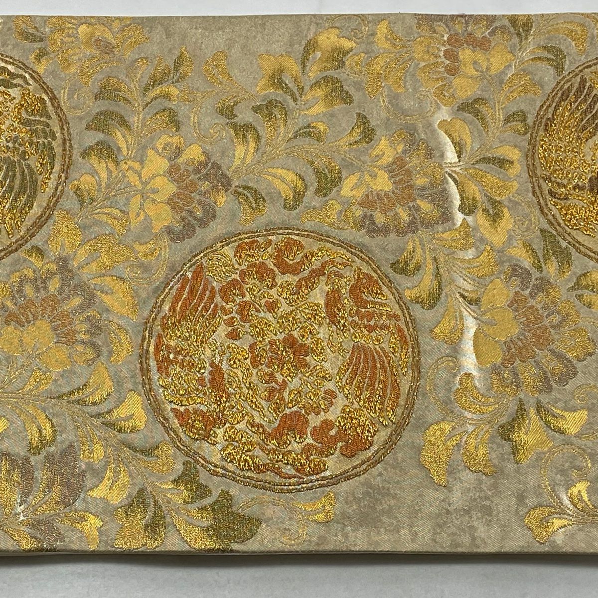【美品】 袋帶 秀品級 瑞華鳳凰圓紋 金絲 金金箔 金色 六通 純蠶絲
