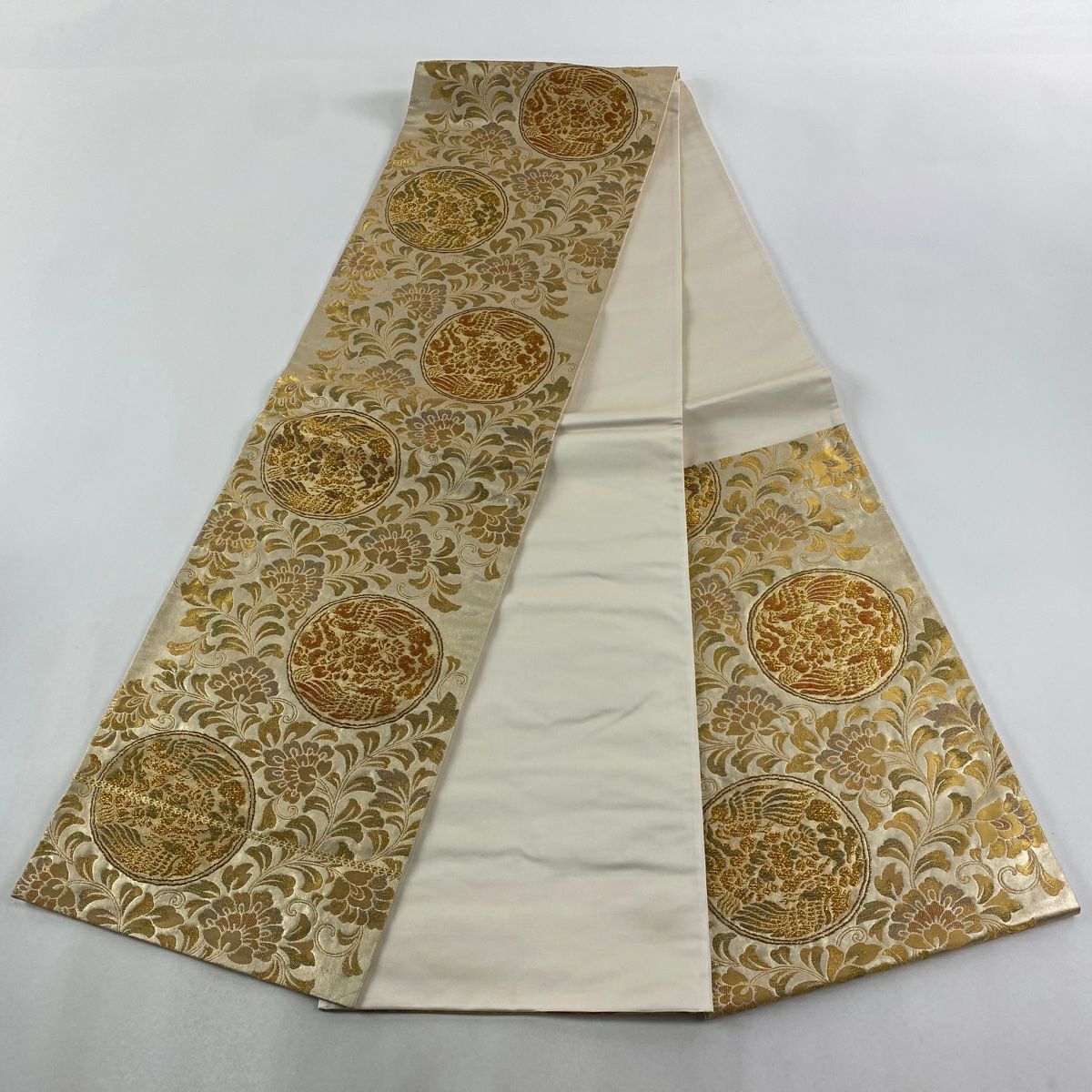 【美品】 袋帶 秀品級 瑞華鳳凰圓紋 金絲 金金箔 金色 六通 純蠶絲