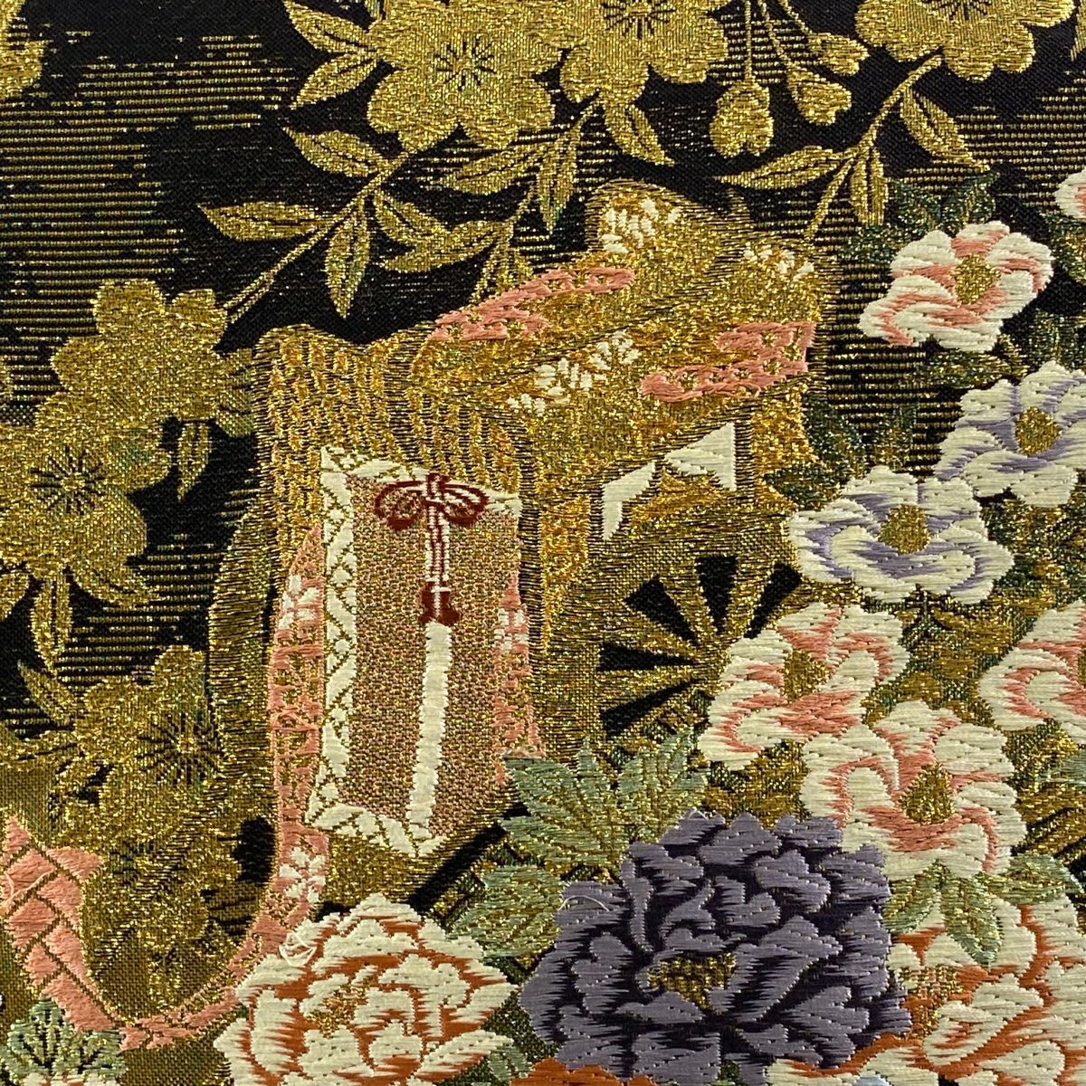 【美品】 袋帶 秀品級 大和 御所車 牡丹 金絲 金金箔 金色 六通 純蠶絲